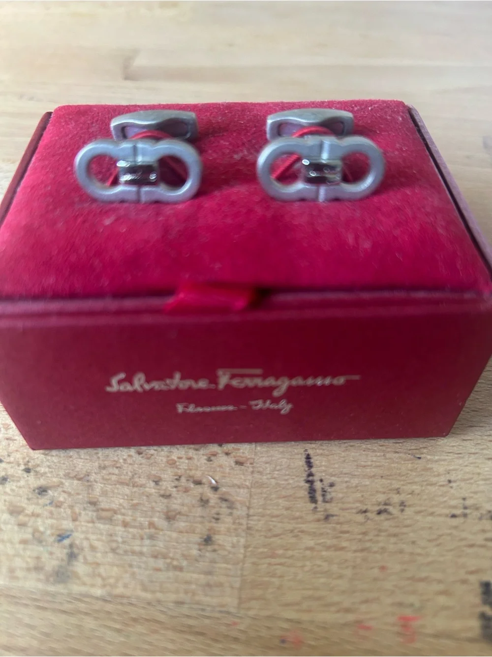 Salvatore Ferragamo Silver Double Gancini Cufflinks with Red Presentation Case